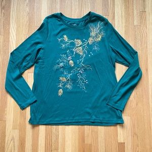 Beaded Green and Gold Holiday Festive Foliage Long Sleeve Shirt by White Stag